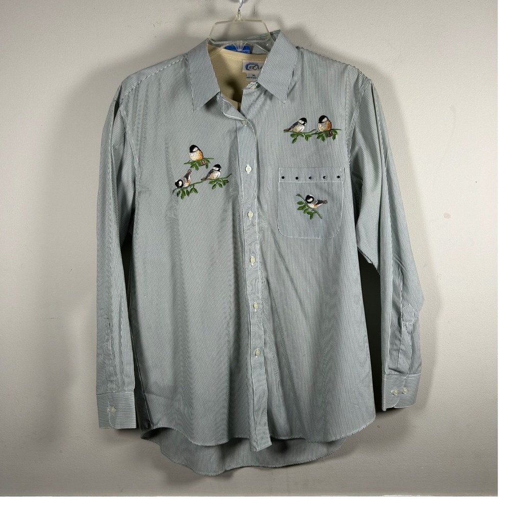 VTG Las Olas Bird Embroidery Shirt Set Womens XL Green White Striped Style